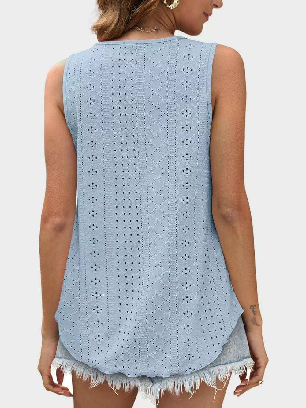 Florira Eyelet Round Neck Tank - Trendsi - Flyclothing LLC