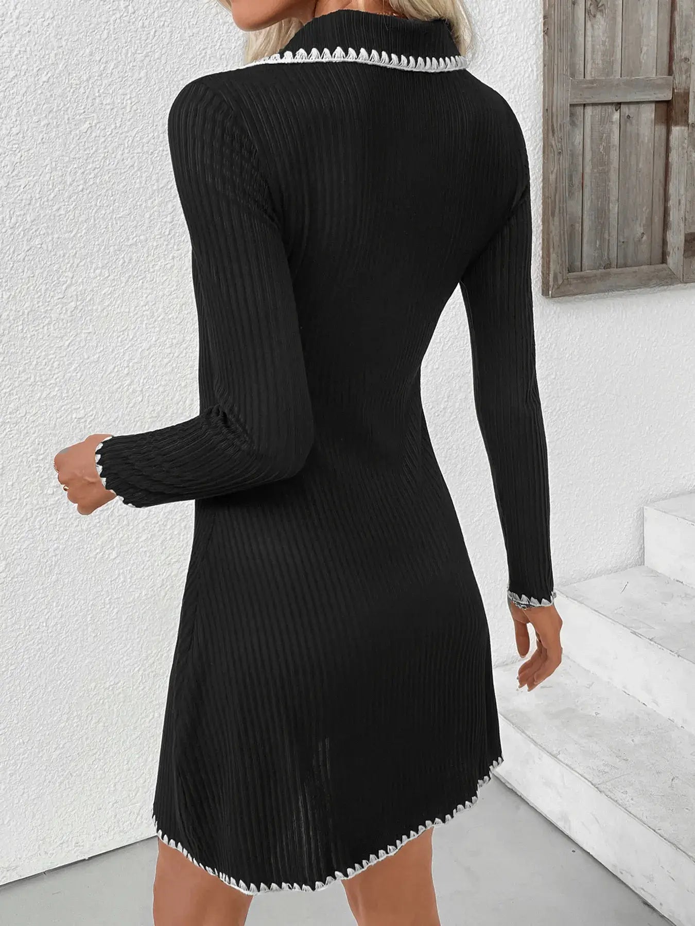 Contrast Trim Texture Long Sleeve Sweater Dress - Trendsi - Flyclothing LLC