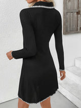 Contrast Trim Texture Long Sleeve Sweater Dress - Trendsi - Flyclothing LLC