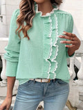 Lace Detail Ruffled Round Neck Long Sleeve Shirt - Trendsi - Flyclothing LLC