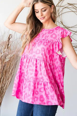 Heimish Full Size Tiered Leopard Round Neck Blouse with Ruffled Detail Plus Size - Trendsi - Flyclothing LLC