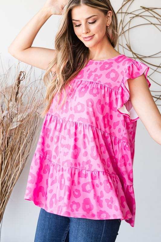 Heimish Full Size Tiered Leopard Round Neck Blouse with Ruffled Detail Plus Size - Trendsi - Flyclothing LLC