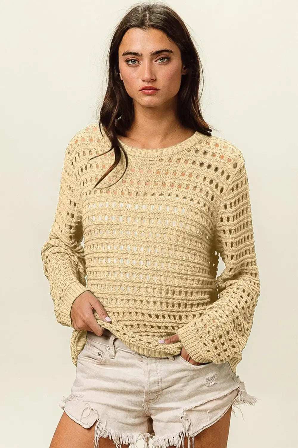 BiBi Round Neck Openwork Knit Cover Up - Trendsi - Flyclothing LLC
