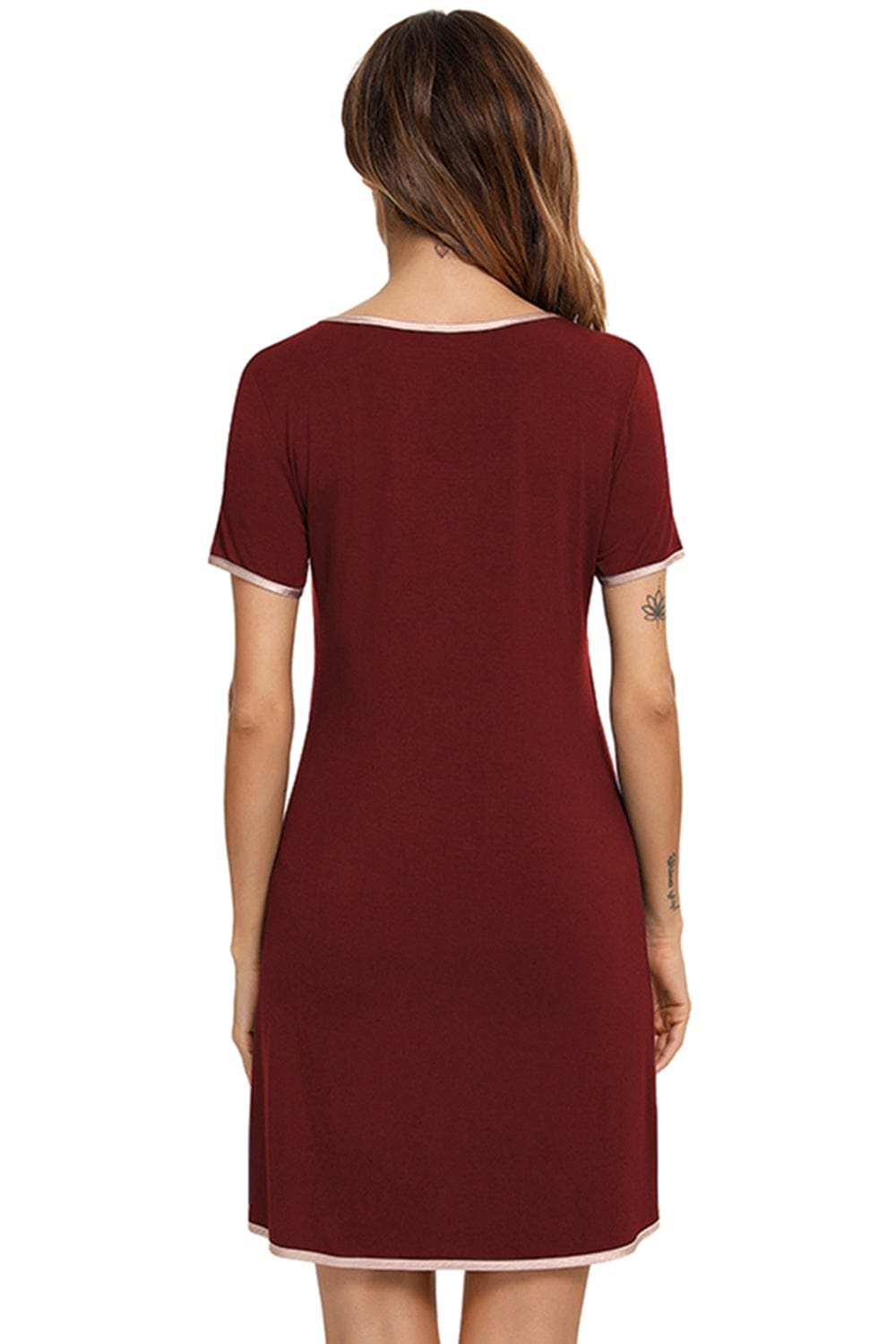 Contrast Trim Pocketed Round Neck Lounge Dress - Trendsi - Flyclothing LLC
