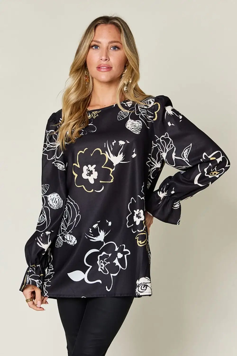 Double Take Full Size Printed Flounce Sleeve Blouse - Trendsi