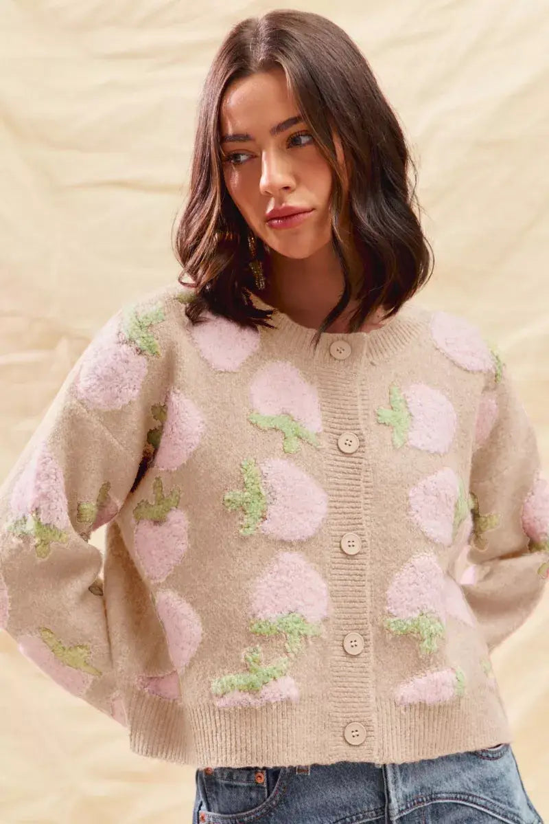SO ME Strawberry Fruit All Over Button Sweater Cardigan - Trendsi - Flyclothing LLC