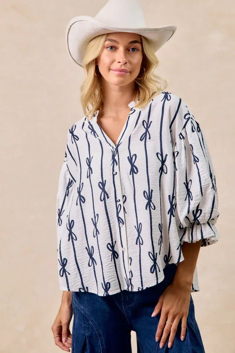 BiBi Bow Ribbon Printed Woven Bubble Sleeves Top - Trendsi - Flyclothing LLC