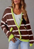 Contrast Stripes Button Down Long Sleeve Cardigan - Trendsi - Flyclothing LLC