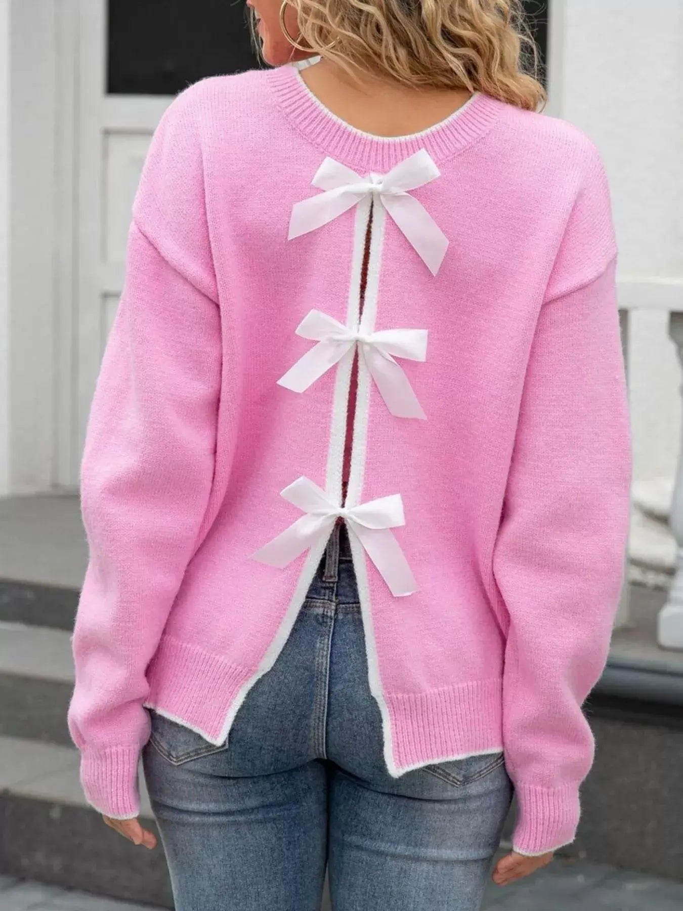 Bow-Back Round Neck Sweater - Trendsi - Flyclothing LLC