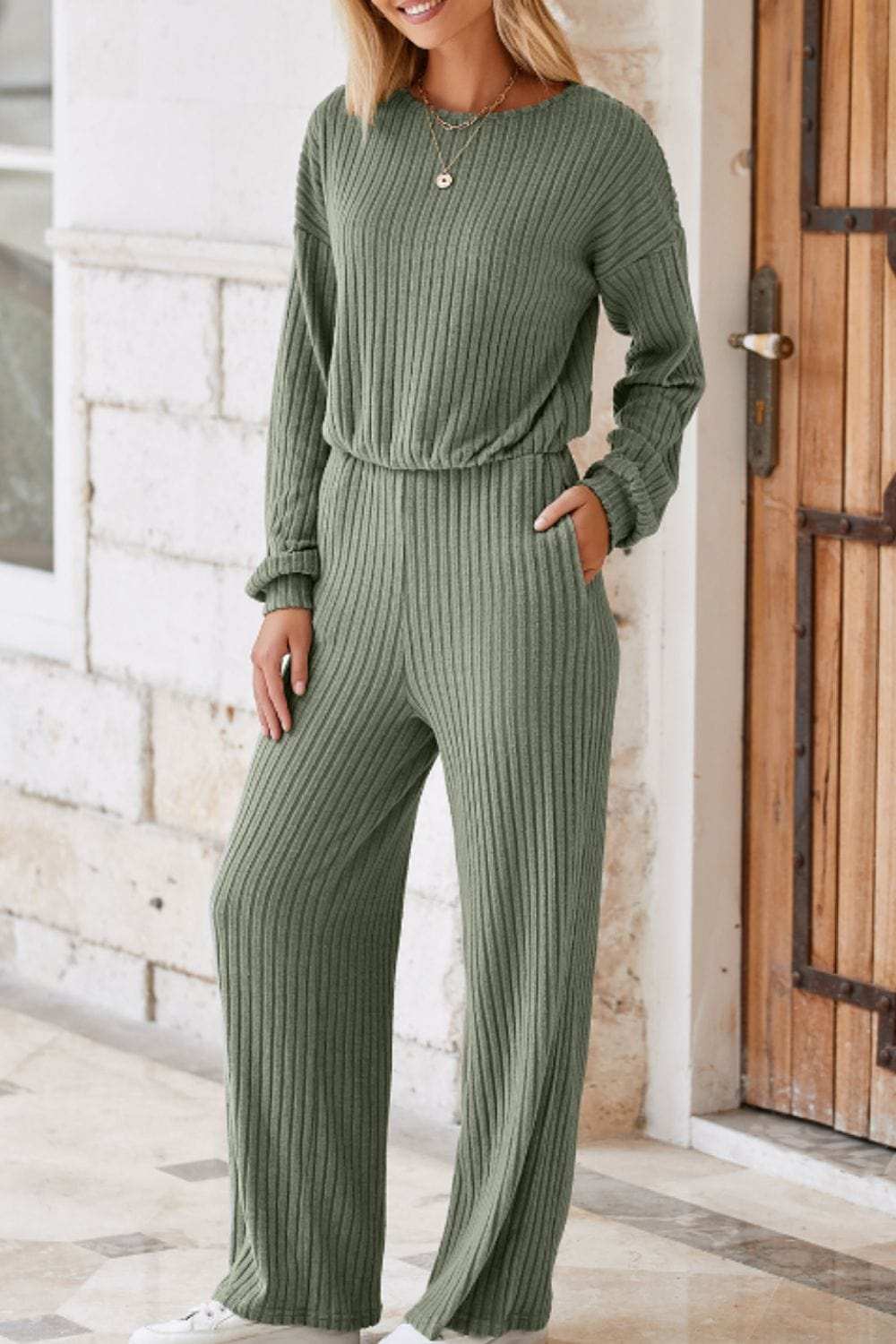 Round Neck Long Sleeve Jumpsuit - Trendsi - Flyclothing LLC
