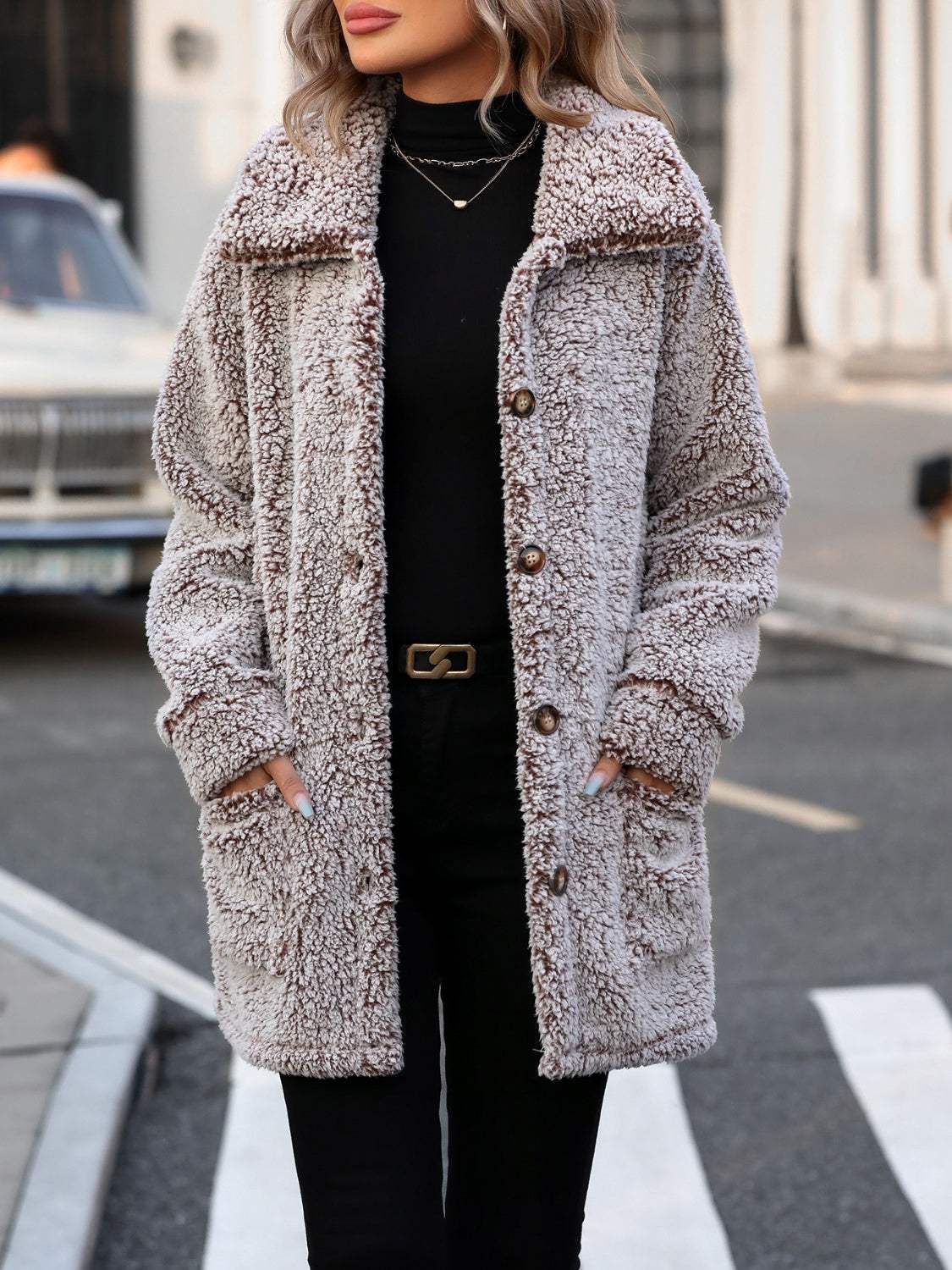 Pocketed Collared Neck Long Sleeve Plush Jacket - Trendsi - Flyclothing LLC
