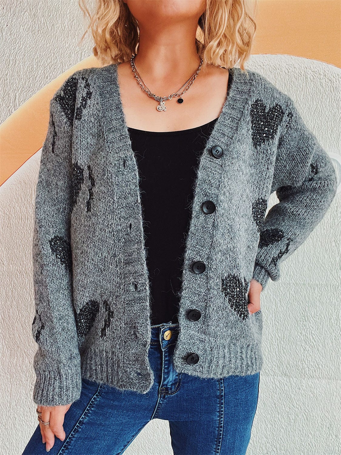 Heart Button Up Long Sleeve Cardigan - Trendsi