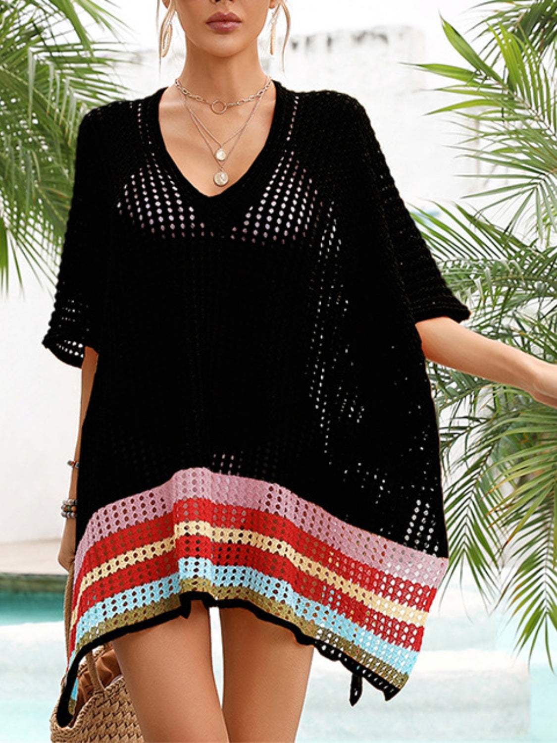 Slit Openwork V-Neck Half Sleeve Cover-Up - Trendsi - Flyclothing LLC