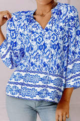 Printed Tie Neck Three-Quarter Sleeve Blouse - Trendsi - Flyclothing LLC