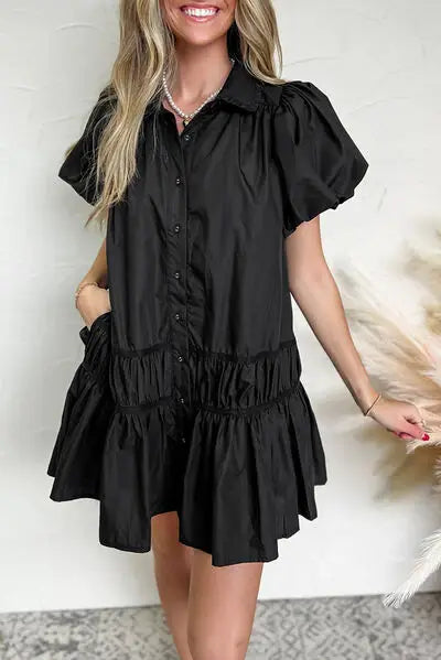Button Down Puff Sleeve Ruffle Hem Dress - Trendsi - Flyclothing LLC