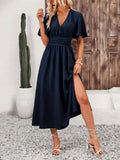 Side Slit Surplice Flutter Sleeve Midi Dress - Trendsi - Flyclothing LLC
