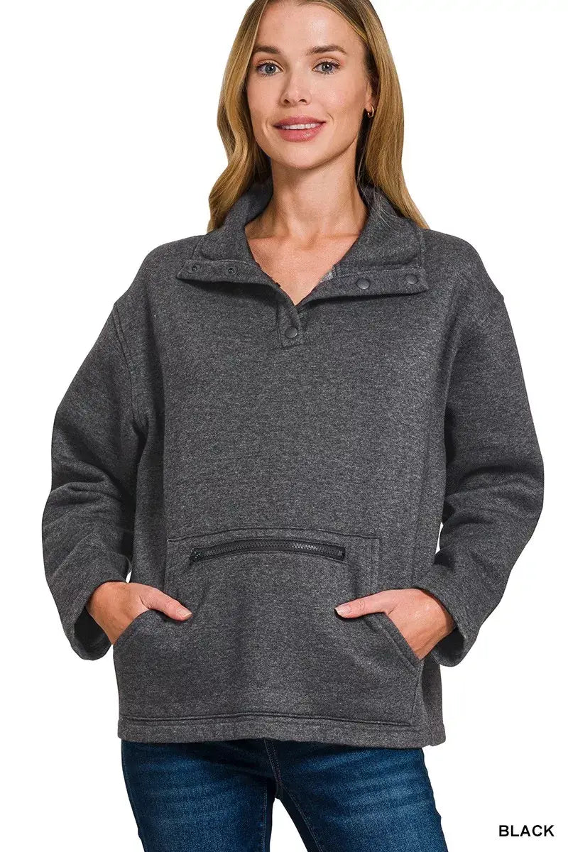 Zenana Fleece Washed High Neck Kangaroo Pocket Sweatshirt - Trendsi - Flyclothing LLC