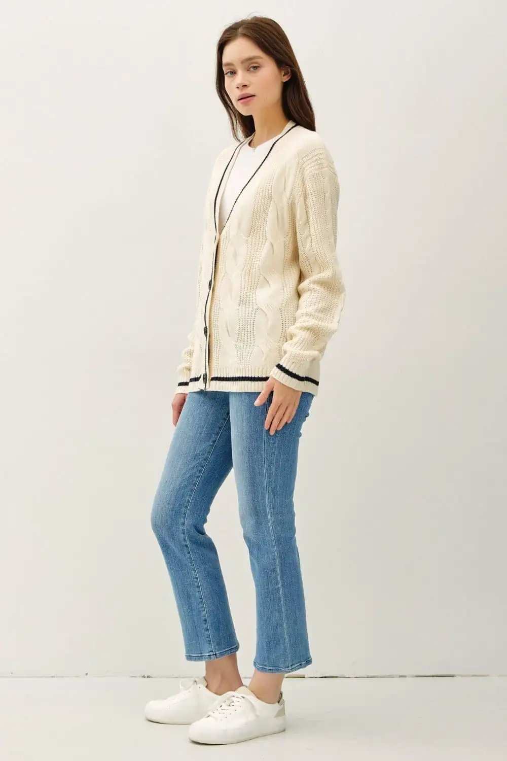 Be Cool Contrast Trim Cable-Knit V-Neck Cardigan - Trendsi - Flyclothing LLC