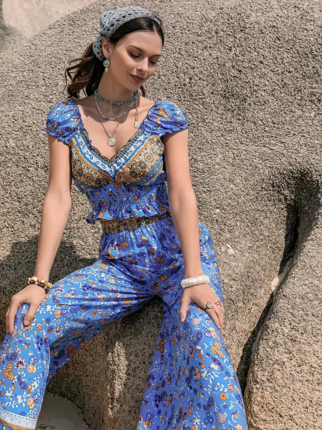 Printed V-Neck Top and Pants Set - Trendsi - Flyclothing LLC