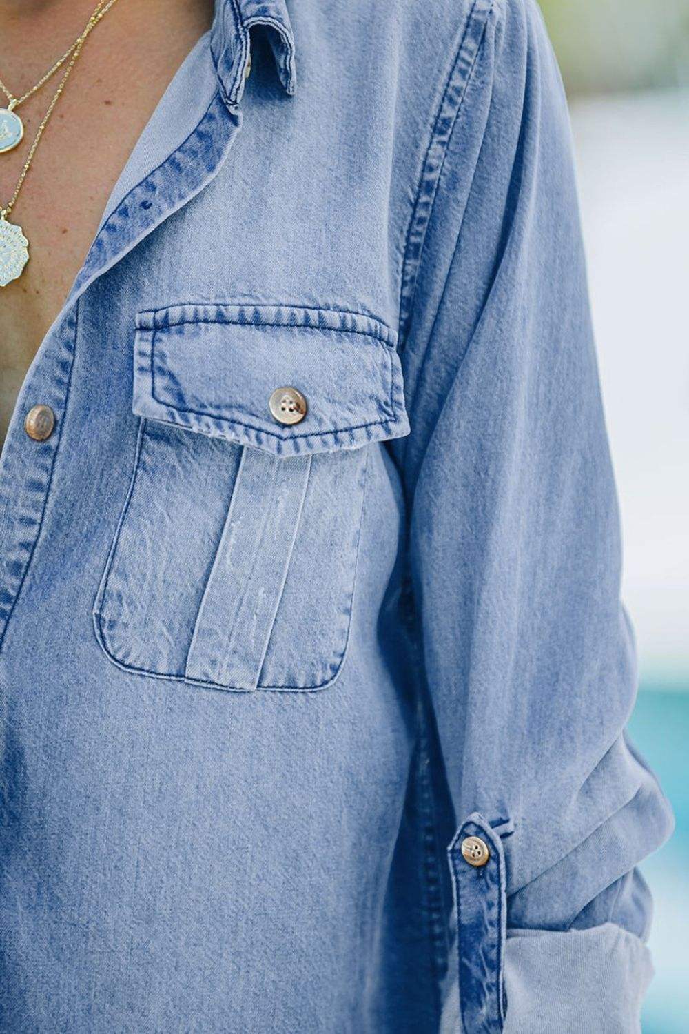 Pocketed Collared Neck Long Sleeve Denim Top - Trendsi - Flyclothing LLC