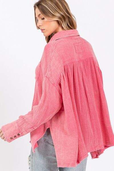 SAGE + FIG Frayed Hem Side Slit Button Down Shirt - Trendsi - Flyclothing LLC