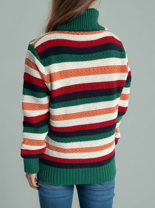 Contrast Stripes Turtleneck Long Sleeve Sweater - Trendsi