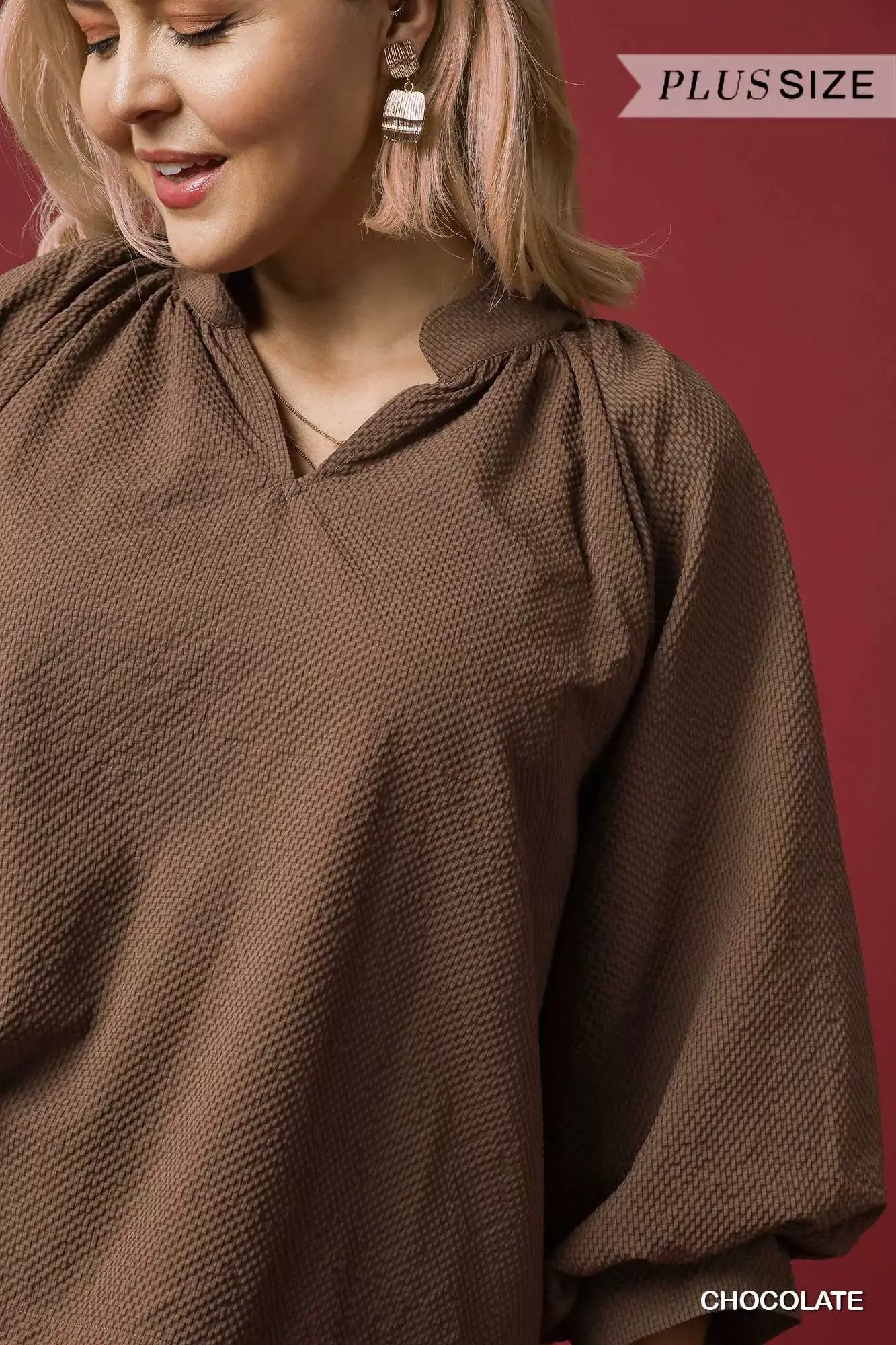 Umgee Full Size Textured Notched Balloon Sleeve Blouse Plus Size - Trendsi - Flyclothing LLC