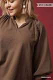 Umgee Full Size Textured Notched Balloon Sleeve Blouse Plus Size - Trendsi - Flyclothing LLC