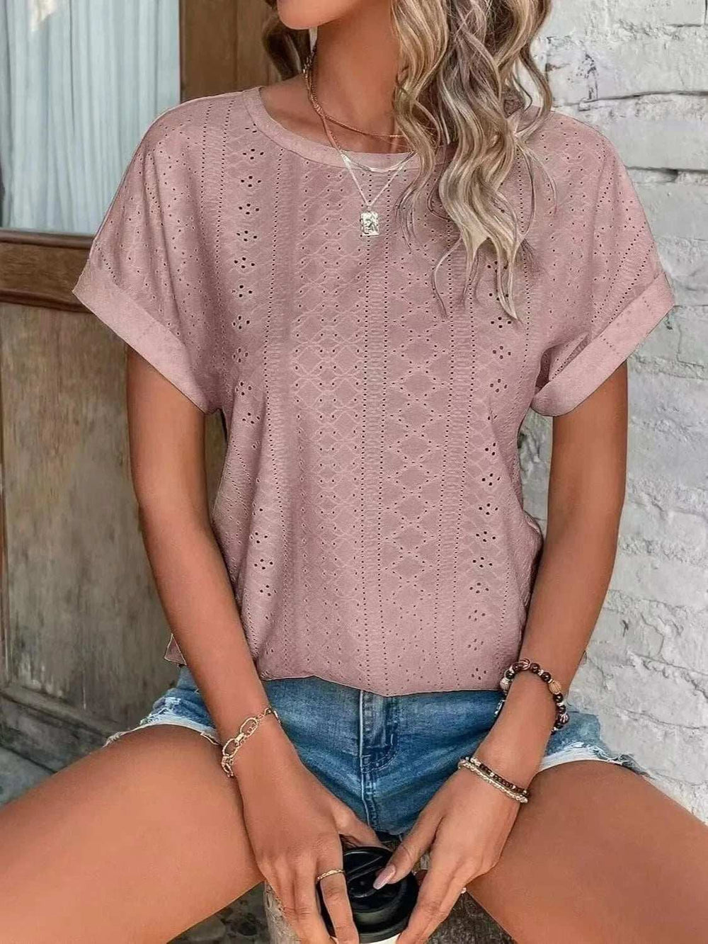 Eyelet Round Neck Short Sleeve Top - Trendsi - Flyclothing LLC