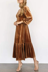 V-Neck Long Sleeve Midi Velvet Dress - Trendsi - Flyclothing LLC