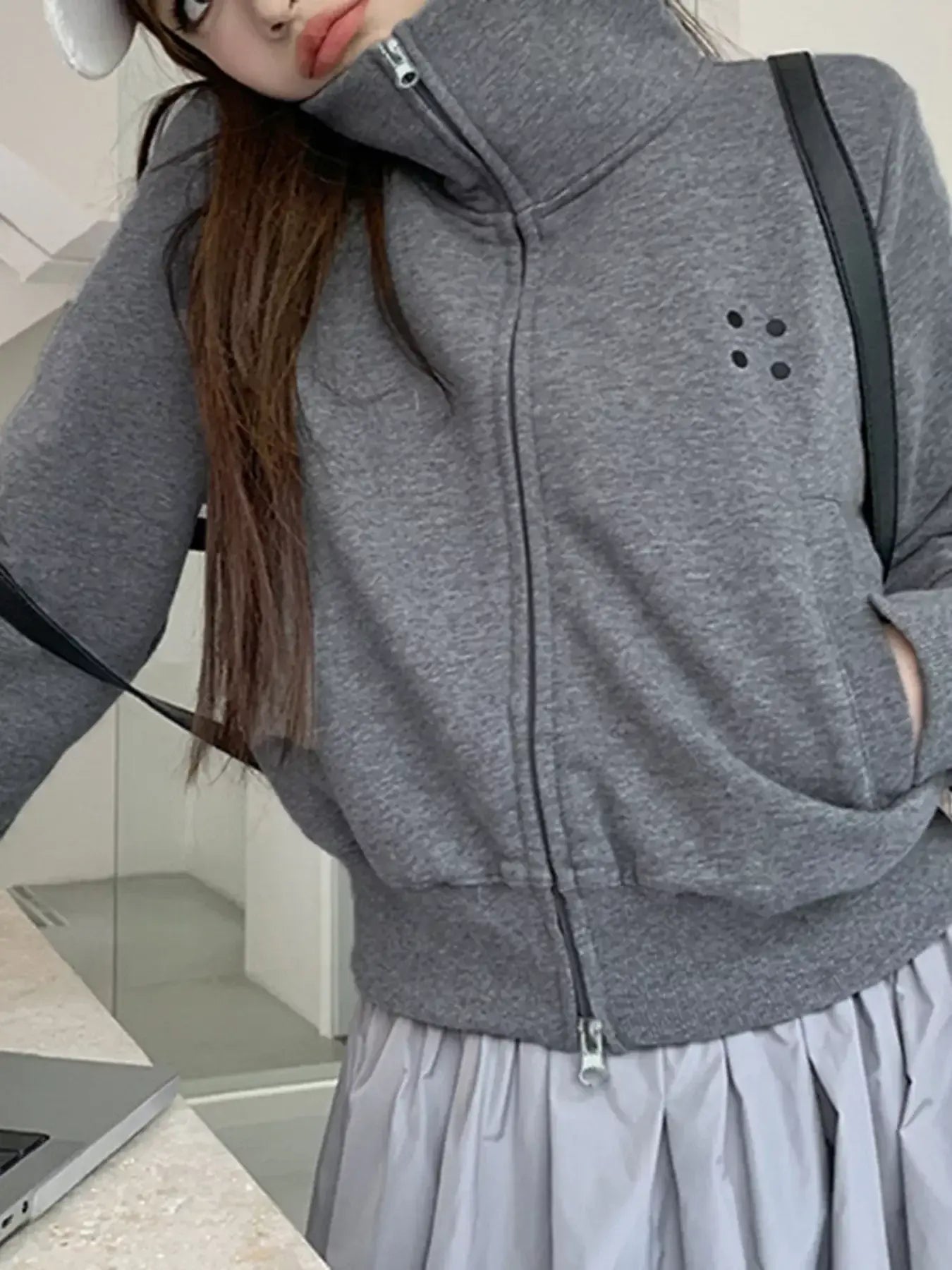 Casual Zip-Up Cropped Outerwear - Trendsi - Flyclothing LLC