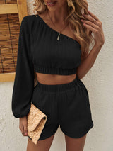 One Shoulder Long Sleeve Top and Shorts Set - Trendsi - Flyclothing LLC