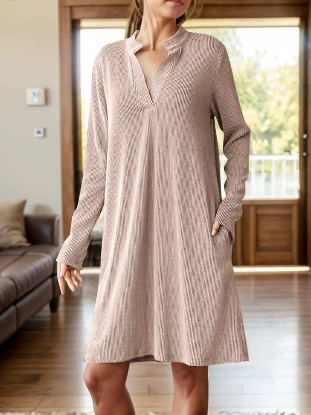 Notched Long Sleeve Mini Dress with Pockets - Trendsi - Flyclothing LLC