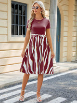 Printed Tie Waist Short Sleeve Dress - Trendsi - Flyclothing LLC