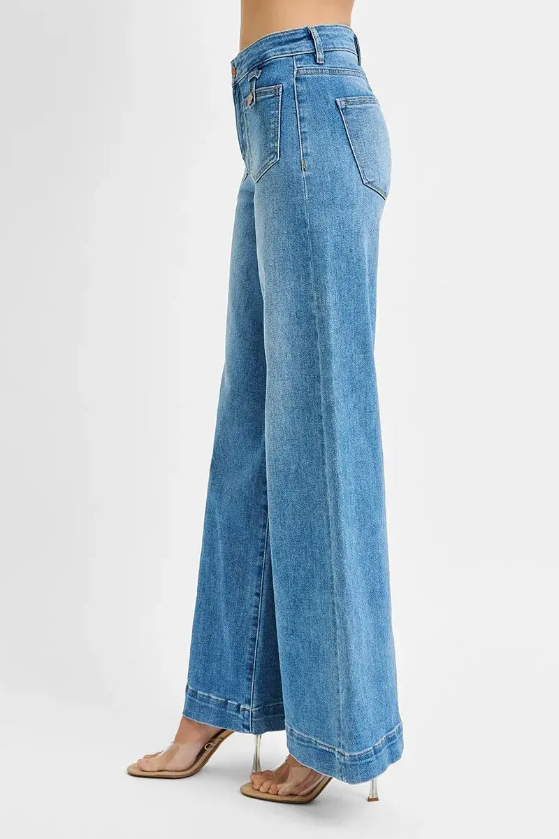 RISEN Full Size Mid Rise Wide Front Patch Pocket Jeans Plus Size - Trendsi - Flyclothing LLC