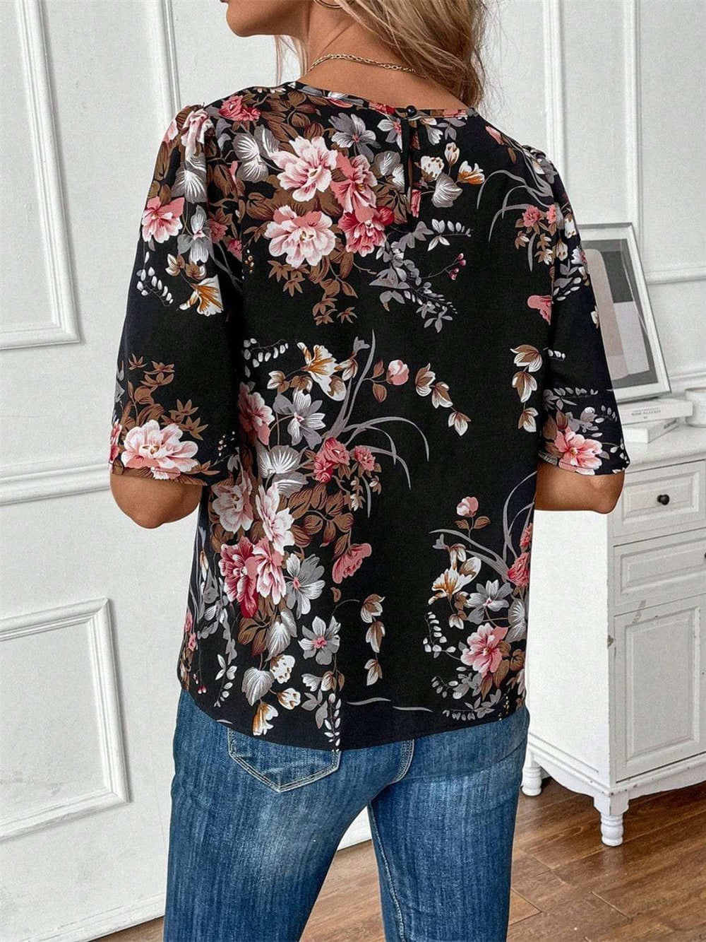 Floral Round Neck Half Sleeve Blouse - Trendsi - Flyclothing LLC
