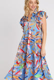 Umgee Full Size Leaf Print Double Layered Ruffle Sleeve Tiered Midi Dress Plus Size - Trendsi