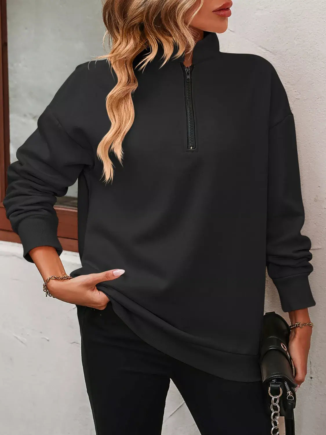 Quarter Zip Dropped Shoulder Sweatshirt - Trendsi - Flyclothing LLC