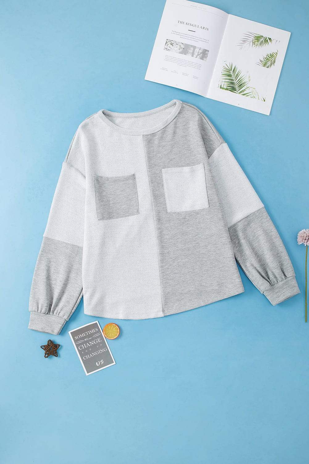 Color Block Double Chest Pocket Boat Neck Top - Trendsi - Flyclothing LLC