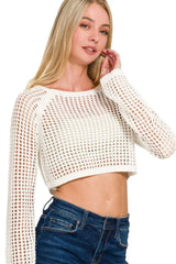 Zenana Hollow Knitted Cropped Round Neck Sweater - Trendsi - Flyclothing LLC