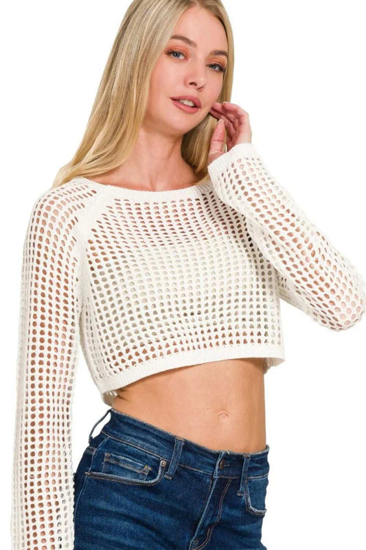 Zenana Hollow Knitted Cropped Round Neck Sweater - Trendsi - Flyclothing LLC