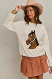 SO ME Horse Knit Sweater Top with Blanket Stitch - Trendsi - Flyclothing LLC