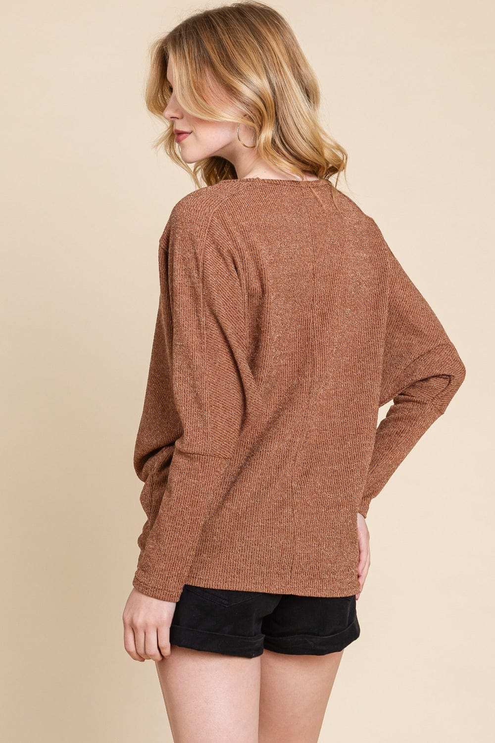 BOMBOM Drop Shoulder Long Sleeve Knit Top - Trendsi - Flyclothing LLC