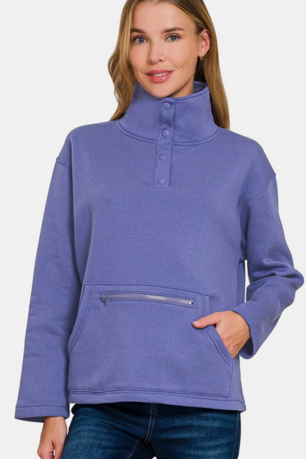 Zenana Turtleneck Half Snap Fleece Sweatshirt - Trendsi
