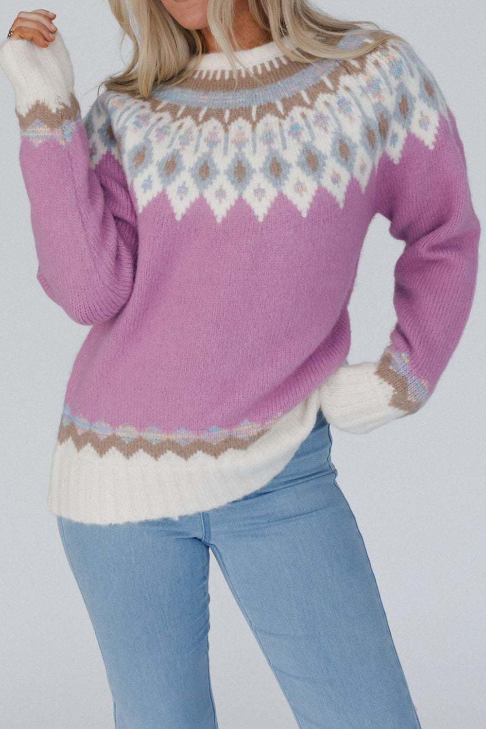 Geometric Round Neck Long Sleeve Sweater - Trendsi - Flyclothing LLC