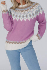 Geometric Round Neck Long Sleeve Sweater - Trendsi - Flyclothing LLC