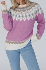 Geometric Round Neck Long Sleeve Sweater - Trendsi