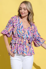 And The Why Printed Lantern Sleeve Blouse - Trendsi - Flyclothing LLC