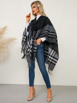 Fringe Contrast Plaid Poncho - Trendsi - Flyclothing LLC