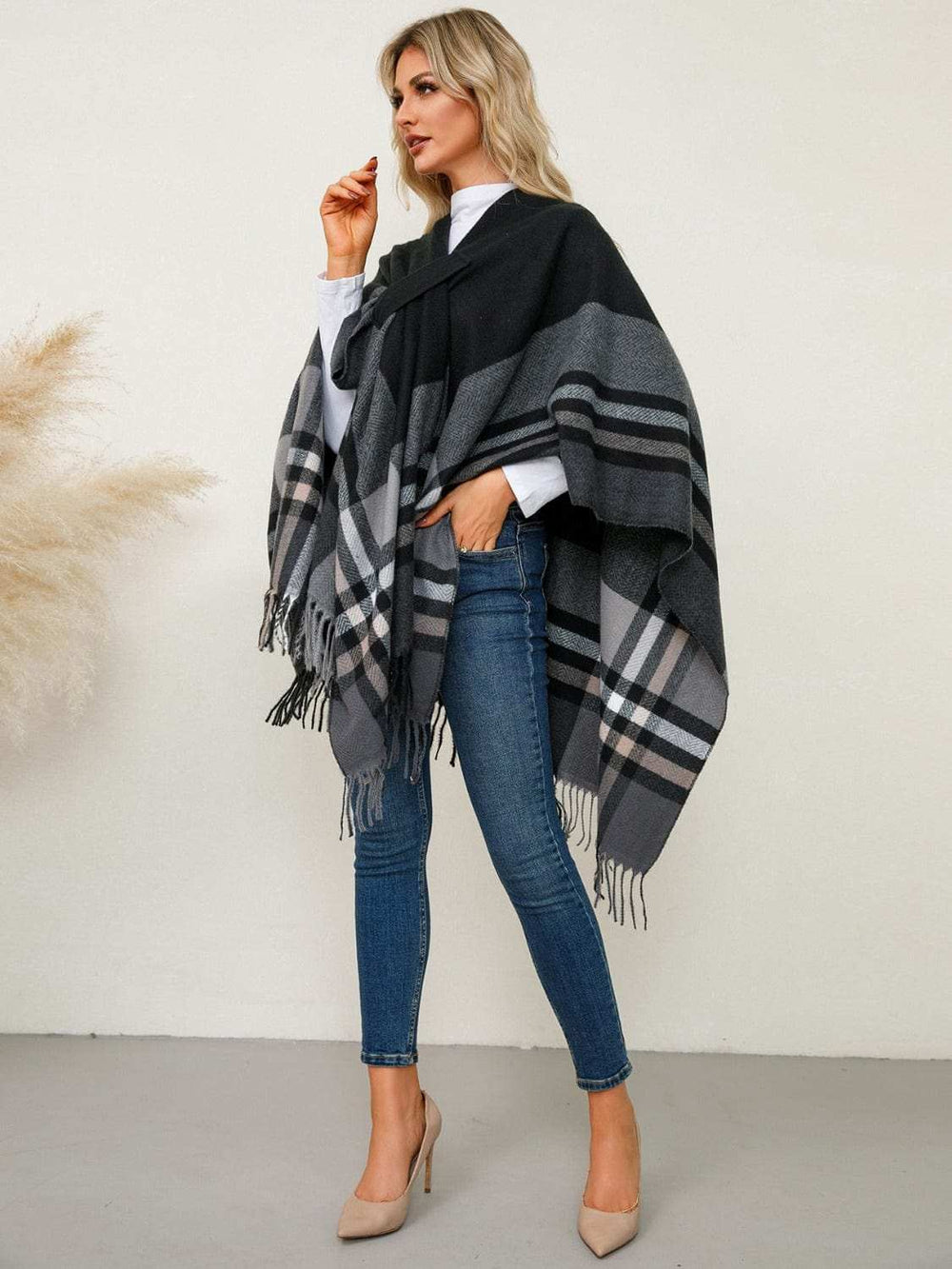 Fringe Contrast Plaid Poncho - Trendsi - Flyclothing LLC